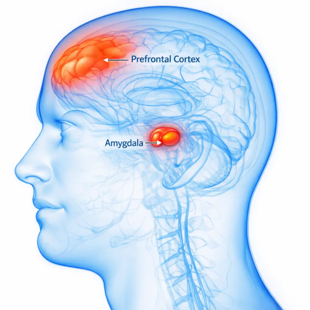 Profile view of a head with the brain highlighted; red areas mark the prefrontal cortex and amygdala with arrows labeling them.
