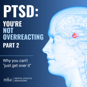 Cover image for a PTSD educational resource with the title PTSD Youre Not Overreacting Part 2 and a blue side profile of a human head with a highlighted brain area on the right