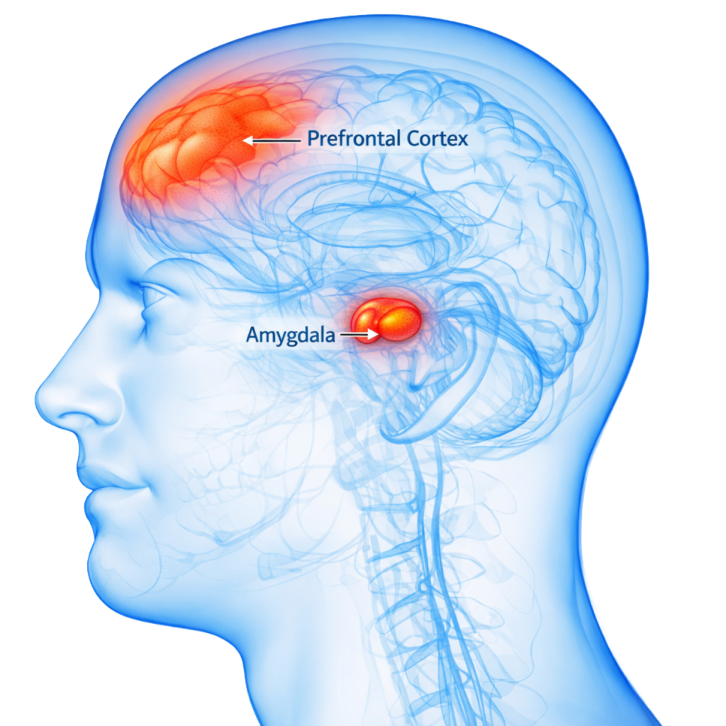 Side view of a transparent head showing a brain with the prefrontal cortex and amygdala highlighted in red and labeled