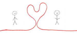 Two gray stick figures stand apart with a red string forming a heart between them showing connection or love between people