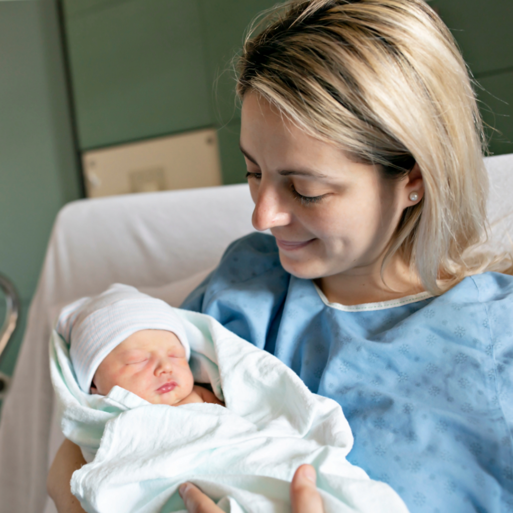 Birth Trauma Attachment | I Can THRIVE Counseling A new mother in a blue hospital gown cradles her swaddled newborn baby both looking down lovingly in a hospital room
