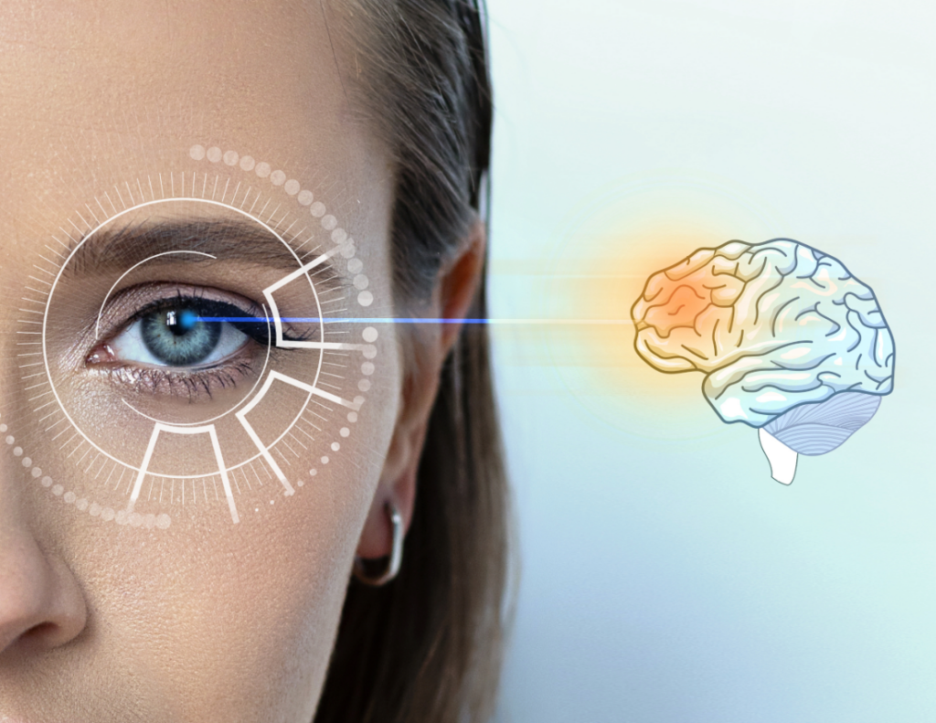 Close up of a woman's eye with a circular HUD and a beam pointing toward a glowing brain, symbolizing brain–computer interface.
