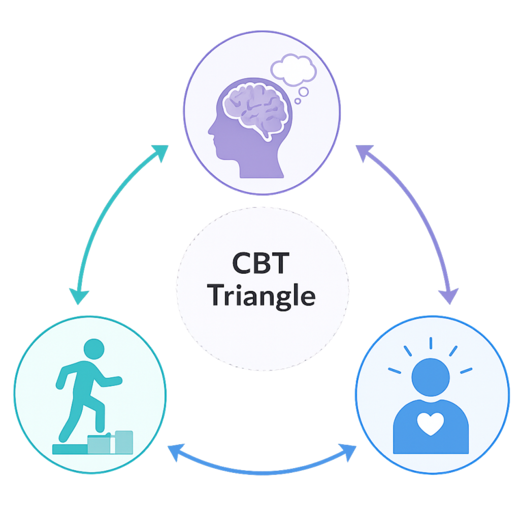CBT triangle diagram linking thoughts feelings and actions icons show brain person with a heart and a person walking down stairs