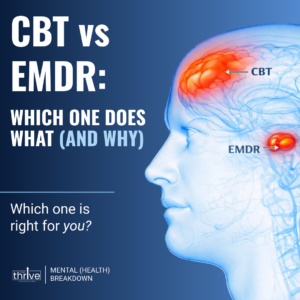 Infographic comparing CBT vs EMDR with a side brain diagram labeled CBT and EMDR and the question Which one is right for you
