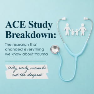 Infographic cover ACE Study Breakdown  the research that changed what we know about trauma blue stethoscope and family icons