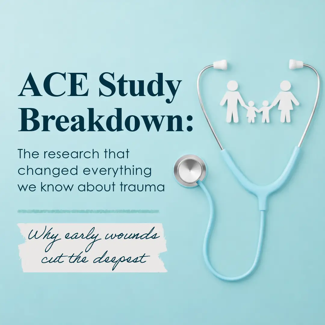 Infographic cover ACE Study Breakdown  the research that changed what we know about trauma blue stethoscope and family icons