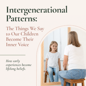 Poster shows a girl and a woman on stools facing a wooden-framed mirror; title reads 'Intergenerational Patterns'.