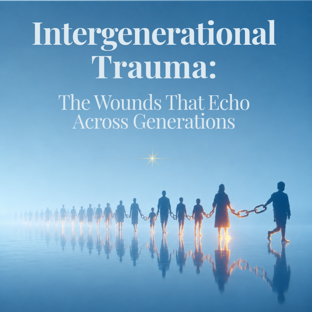 Cover image for an article: 'Intergenerational Trauma: The Wounds That Echo Across Generations' with silhouettes linked by a chain along a reflective blue surface.