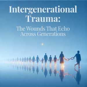 Cover image for an article: 'Intergenerational Trauma: The Wounds That Echo Across Generations' with silhouettes linked by a chain along a reflective blue surface.