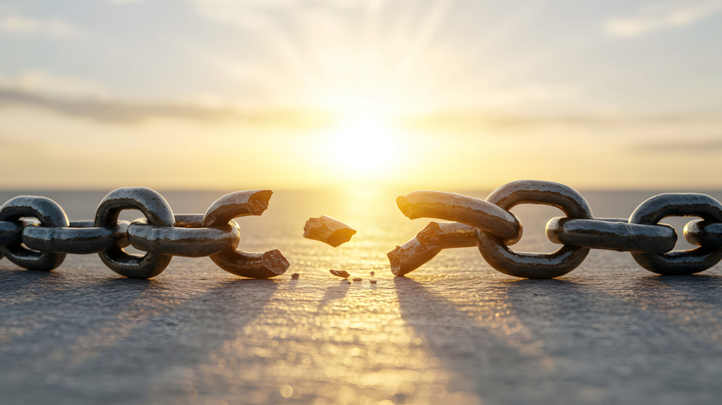 Close-up of a rusted chain with a broken link on a sunlit surface by the water, sunrise in the background, symbolizing rupture or release.