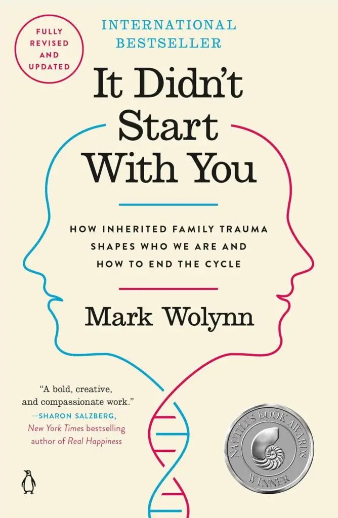 Book cover: It Didn’t Start With You by Mark Wolynn; beige background with blue and pink silhouette outlines, DNA strand, and 'International Bestseller' text.